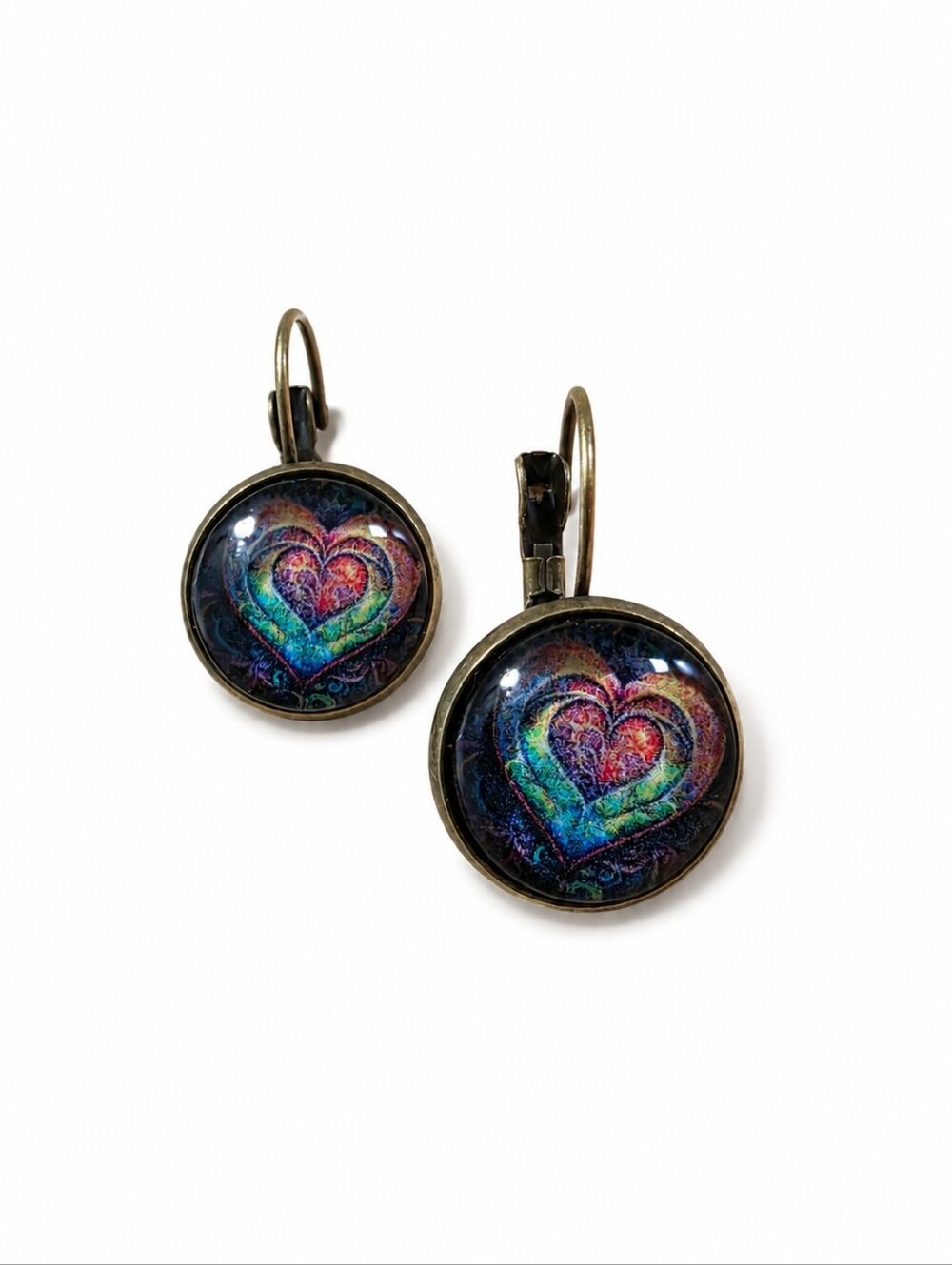 Vintage Bronze Tone Heart Earrings | Colorful Boho Dangle Earrings - Picture 3 of 4
